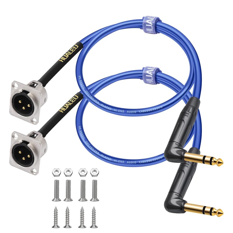 HUALEU كابل تمرير 2 قدم 1/4 إلى XLR، نوع D 3 دبابيس XLR ذكر إلى 6.35 مم TRS ذكر بزاوية قائمة، كابل صوت صندوق أرضي-20AWG موصل نحاسي مطلي بالفضة، يتضمن براغي تثبيت-عبوة 2 - Image 1